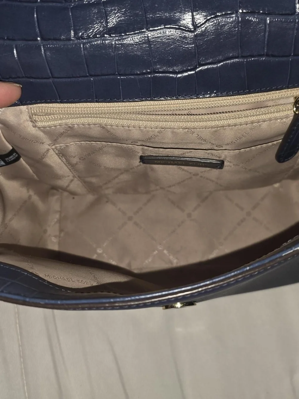 Michael Kors Navy Croc-Embossed Top-Handle Satchel with Gold Chain